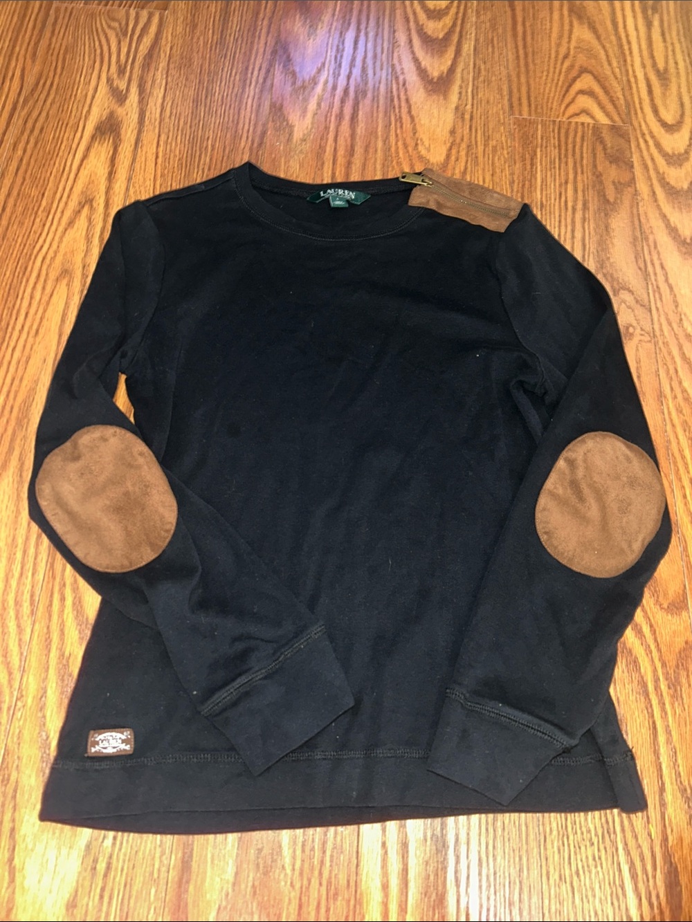 Lauren Ralph Lauren Shirt Women's Large Black Suede Shoulder Elbow Patch Sz L